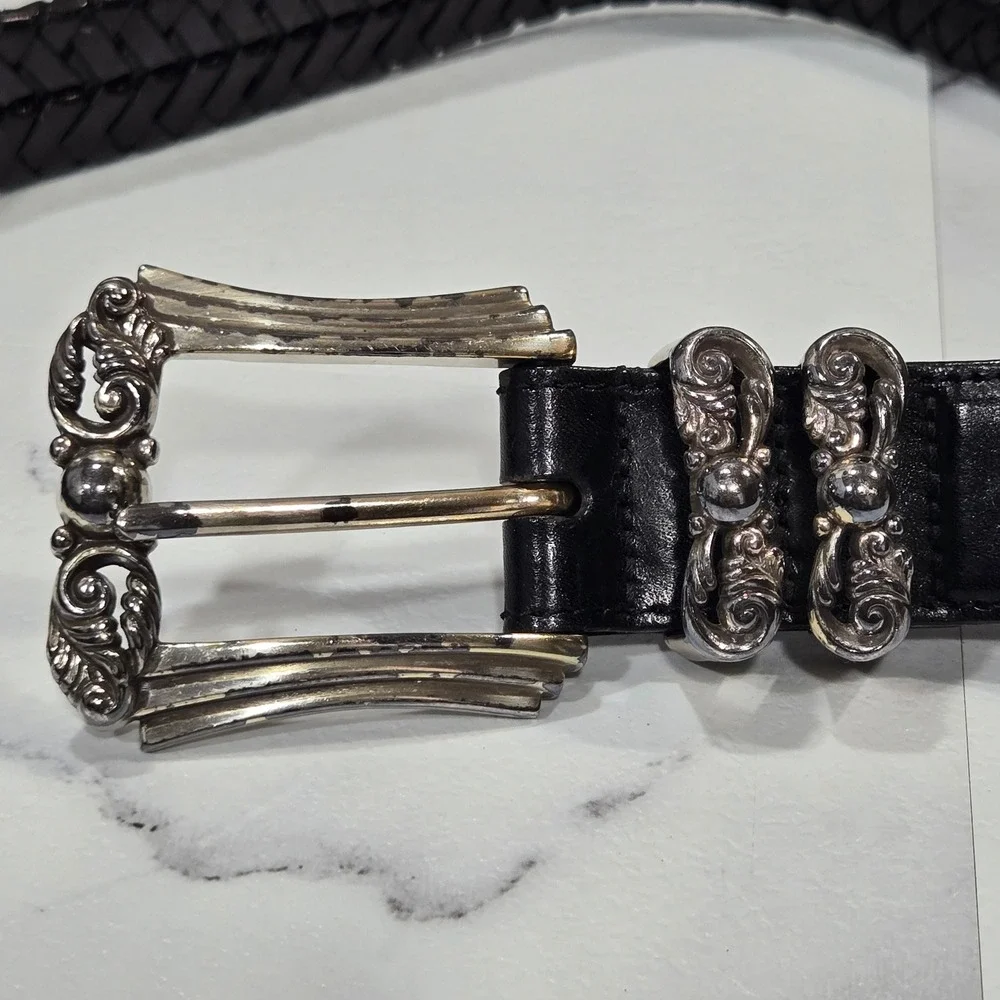 Vintage Brighton Woven Leather Belt Womens 34 Black Silver Ornate Buckle 97083
